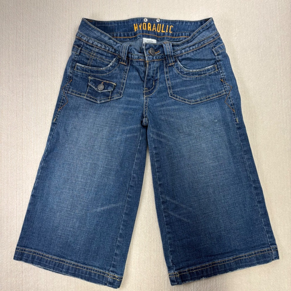 Hydraulic Denim Gaucho Pants Medium Wash Wide Leg Crop Jeans Womens Size 3/4